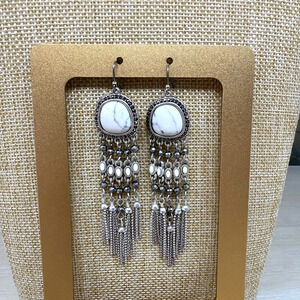 Lucky Brand Howlite Earrings Silver Tone Chain Link Chandelier Tassels